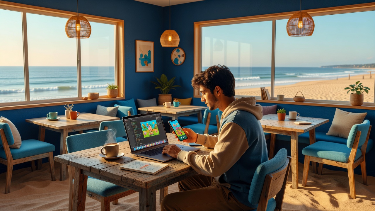 Editor in a cozy cafe